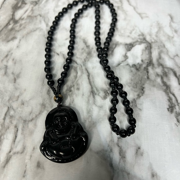 JADE obsidian Black Hand Carved Maitreya Buddah Pendant Necklace - Picture 9 of 9